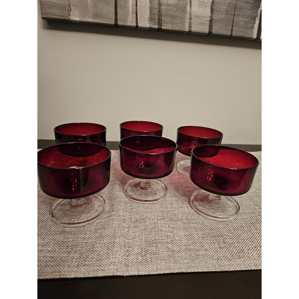 Vintage Luminarc Ruby Red Glass Dessert Dish Clear Stem Marked France Set Of 6